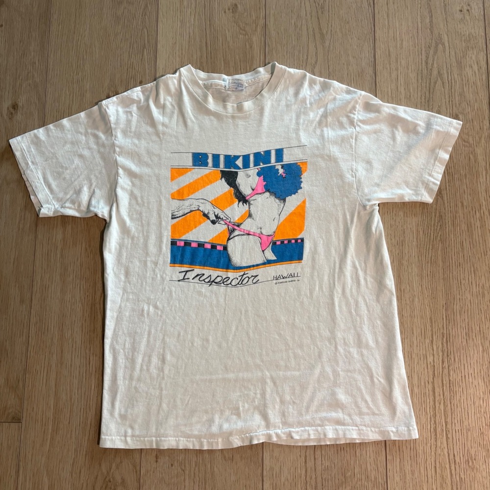 Rare 90s vintage Hawaii "Bikini Inspector" t-shirt white single stitch XL USA